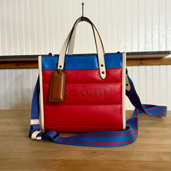 Coach ColorBlock Quilted Puffed Leather Field Tote Bag 22 in Candy Apple Red - Picture 1 of 13